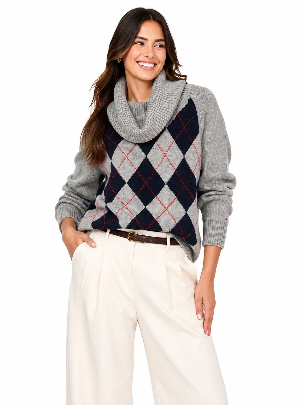 Tommy Hilfiger Argyle Cowl Neck Sweater Gray Navy Red Preppy L